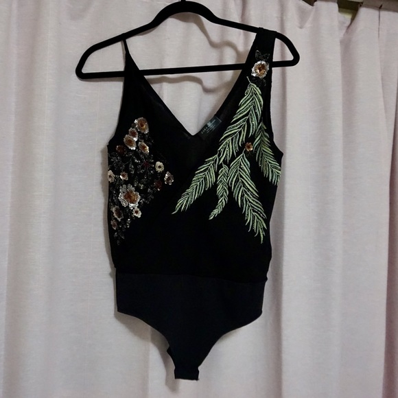 ZARA: BLACK BODYSUIT w BEADED SEQUIN EMBROIDERED - Picture 1 of 4